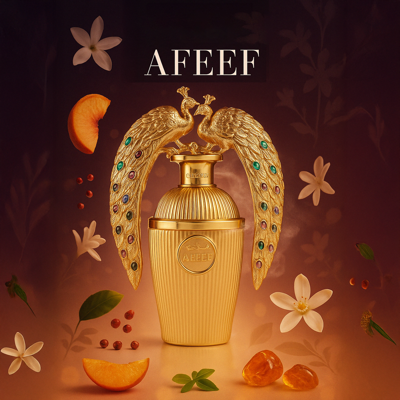 A luxurious golden perfume bottle with jeweled peacock wings labeled “AFEEF” stands among floating jasmine flowers, apricot slices, and amber stones on a warm, glowing background.