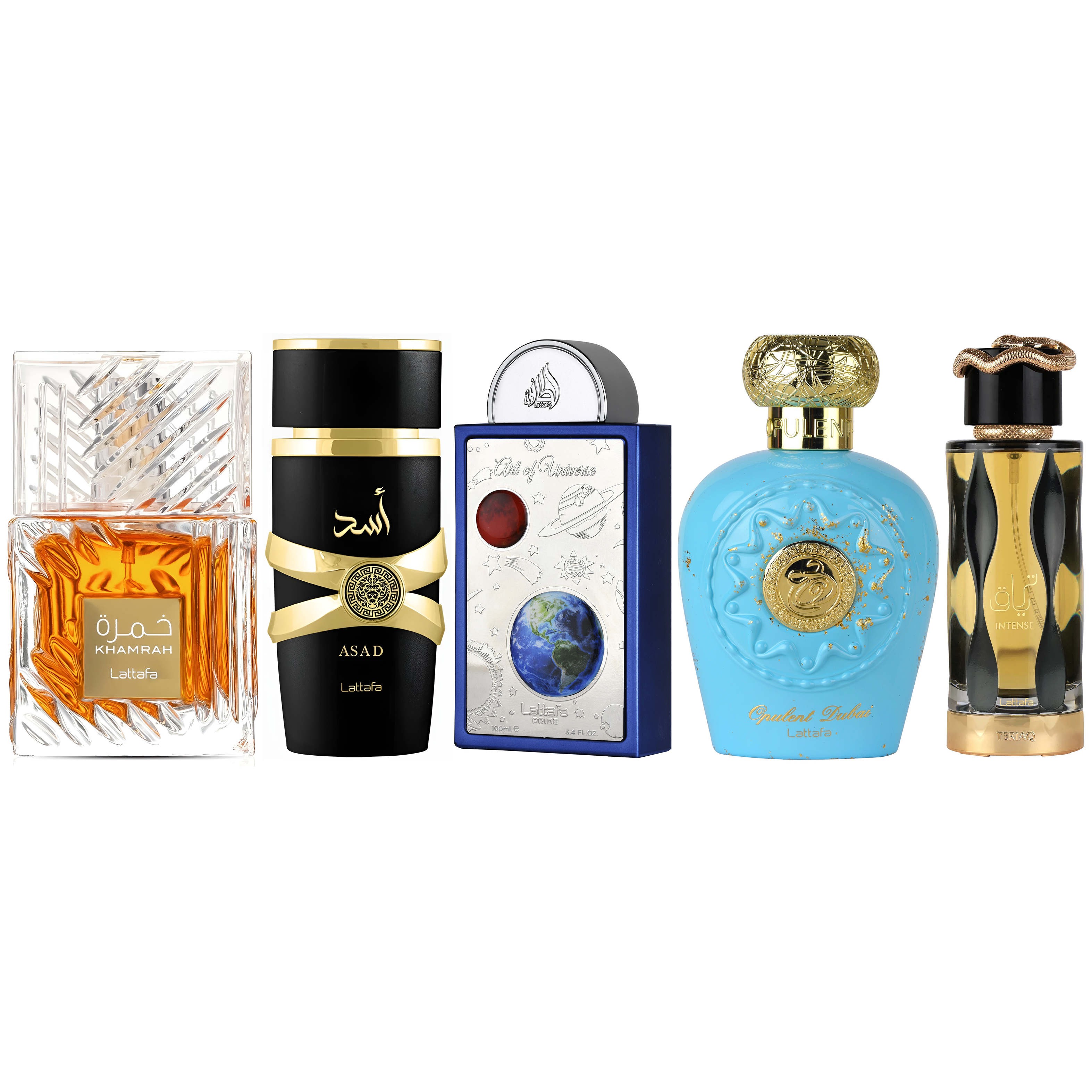 Lattafa Ultimate 5 PC (Khamrah, Asad, Art Of Universe, Opulent Dubai & Teriaq Intense) Fragrance Bundle