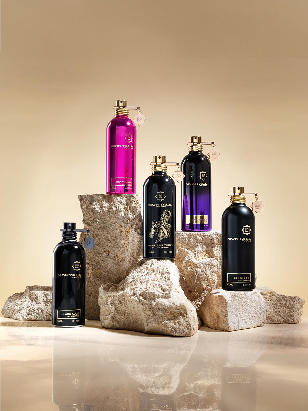 Montale Paris fragrance collection featuring Black Aoud, Roses Musk, Arabians Tonka, Intense Café, and Oudyssee displayed on natural stone with a golden beige backdrop.