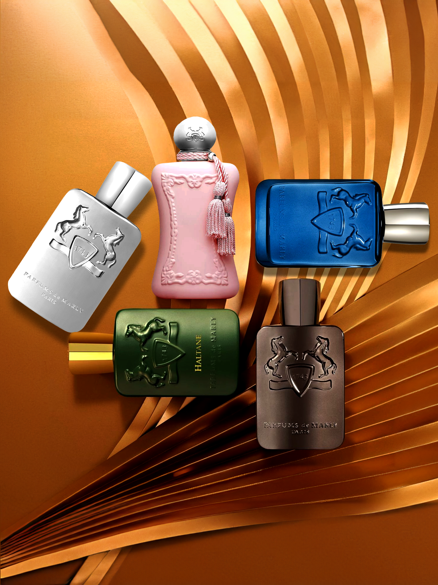 Parfums de Marly fragrance collection featuring Delina, Percival, Pegasus, Haltane, and Herod bottles displayed on a luxurious bronze abstract background.