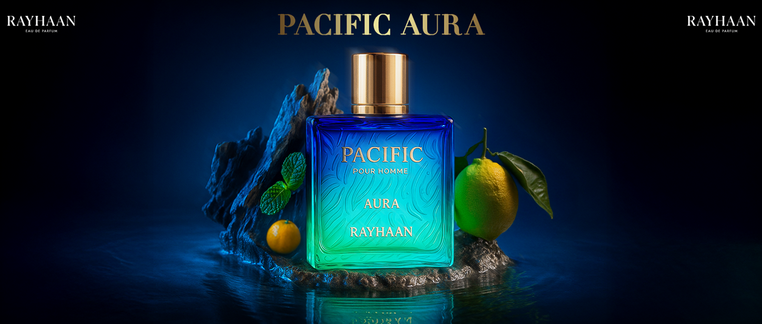 Blue-green Pacific Aura fragrance by Rayhaan with lemon and mint.