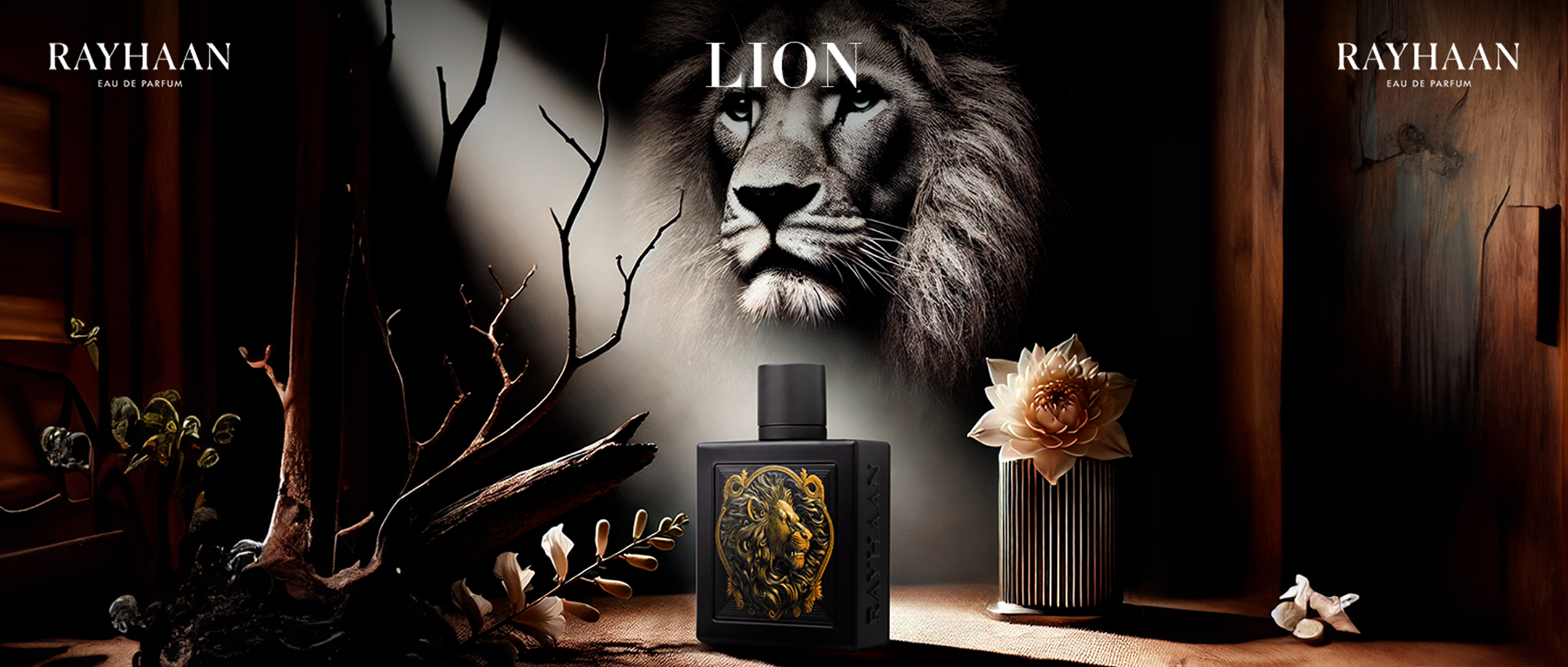 Rayhaan Lion perfume bottle with golden lion emblem on dark background.