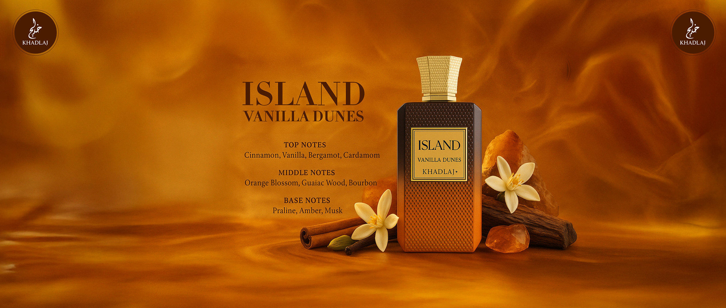 Khadlaj Island Vanilla Dunes perfume bottle with cinnamon, vanilla, and amber backdrop.