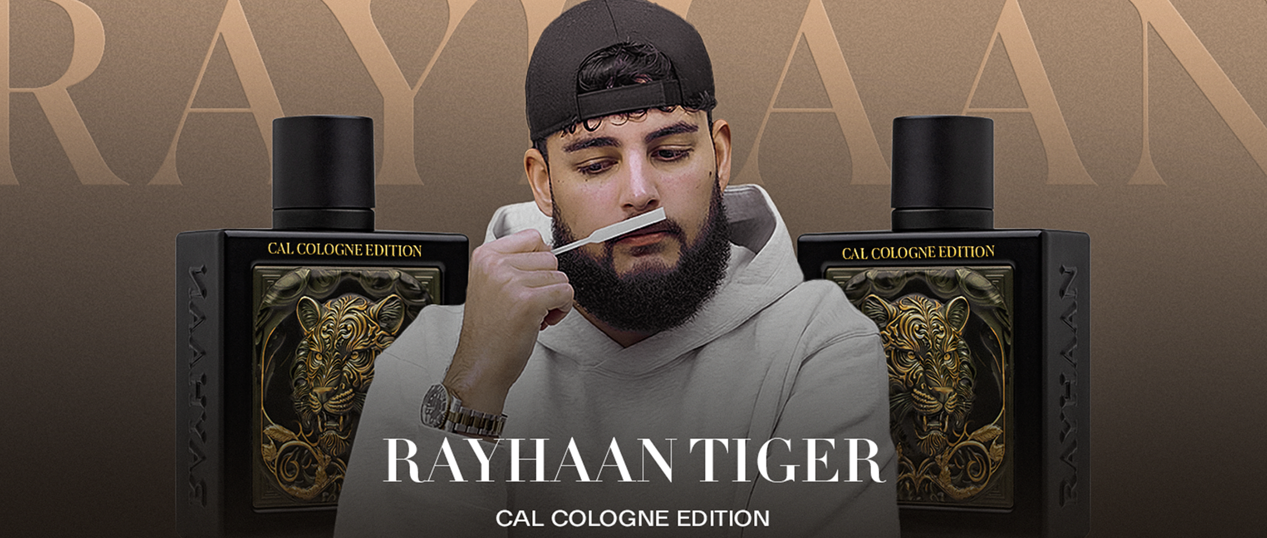 Rayhaan Tiger Cal Cologne Edition fragrance showcased with branding and lifestyle imagery.