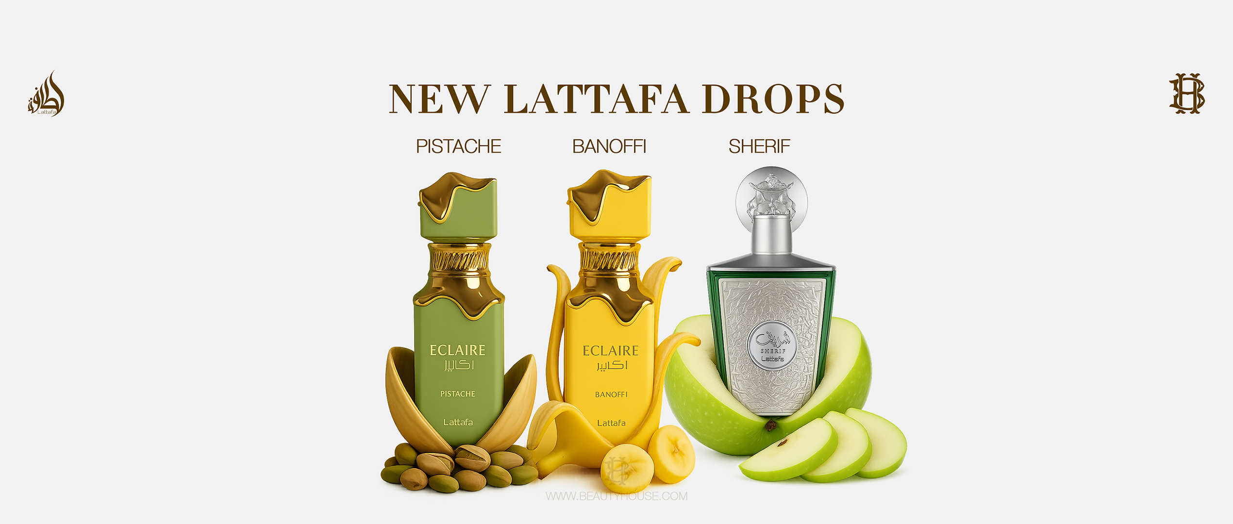 Lattafa fragrance collection showcasing Eclaire Pistache, Eclaire Banoffi, and Sherif against a light background.