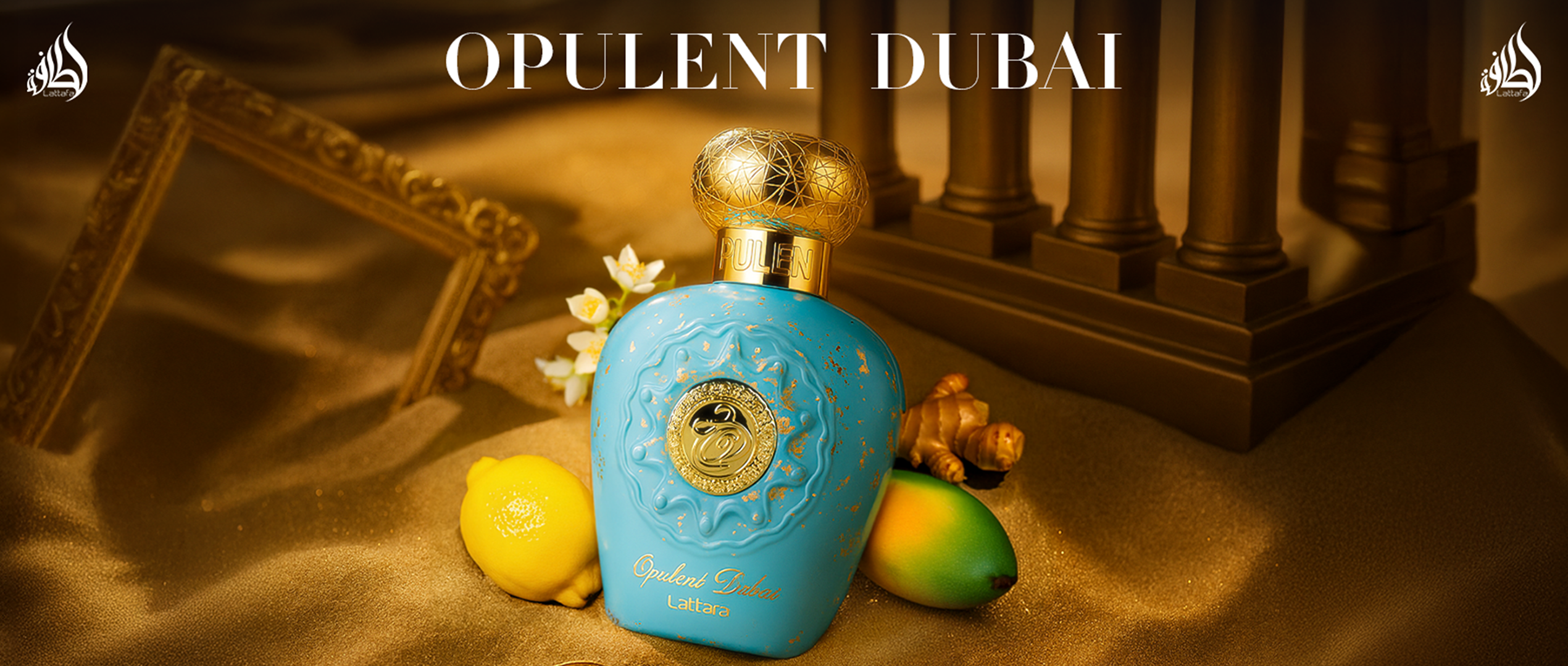 Lattafa Opulent Dubai perfume bottle in turquoise blue with gold details, placed on golden sand with lemons, mango, ginger, and white flowers.