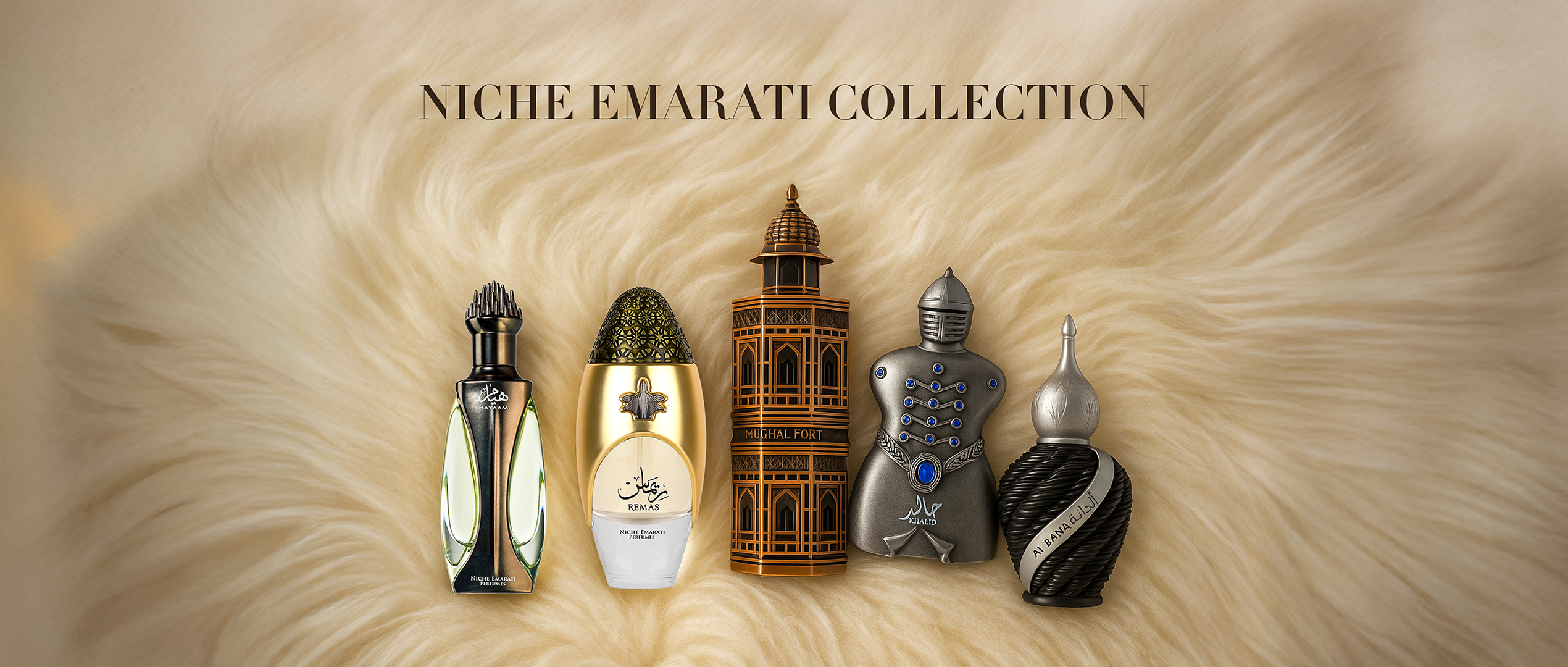 Niche Emirati Collection perfumes displayed on a beige fur background, featuring five unique artistic bottles in metallic, gold, and architectural designs.