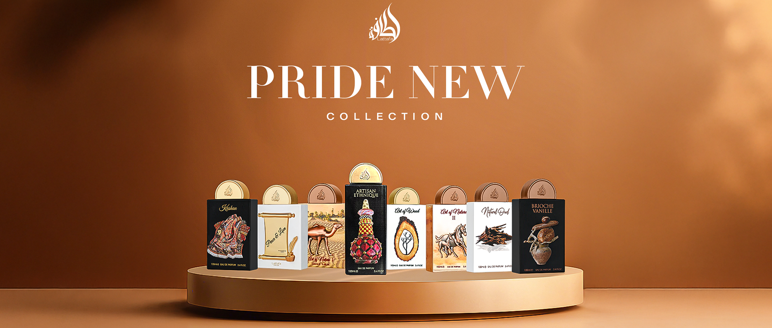 Lattafa Pride New Collection perfume lineup, featuring Kashan, Pen & Love, Art of Wood, Art of Nature II, Natural Oud, Brioche Vanille, Artisan Ethnique, and more, displayed on a golden pedestal with a warm brown backdrop.