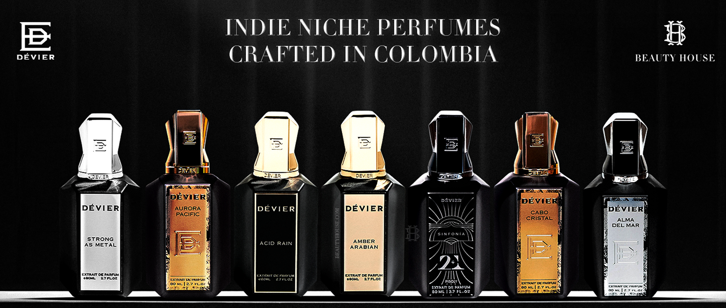 Dévier perfume collection on a black background with white text.
