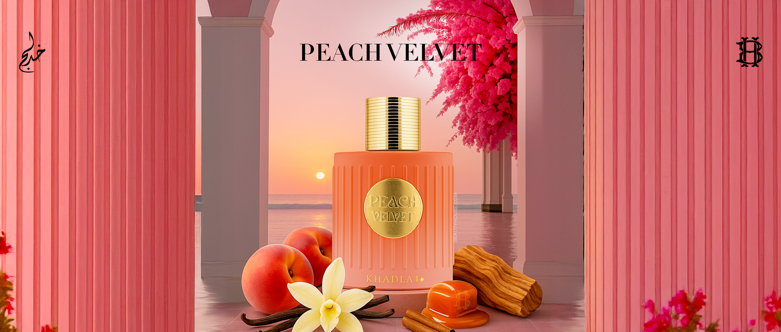 A peach-colored Khadlaj “Peach Velvet” perfume bottle with gold accents sits amid peaches, vanilla, and wood, framed by pink arches and a sunset background for a warm, elegant feel.