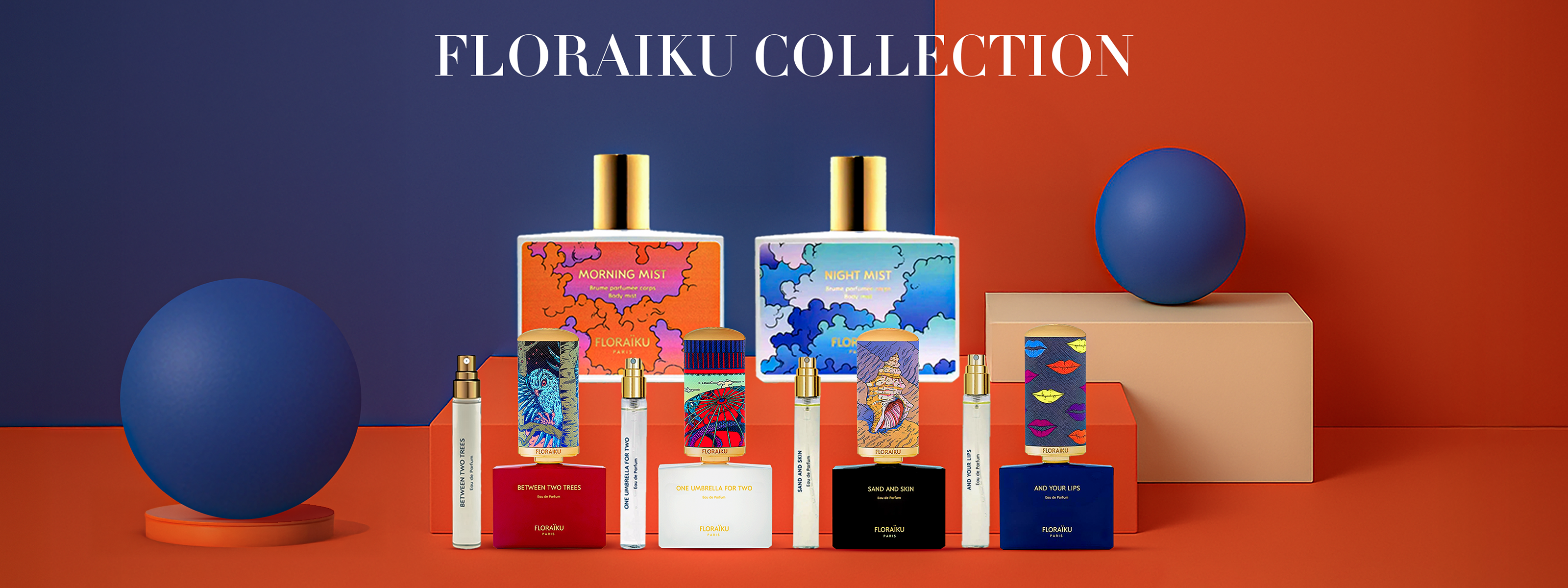 Floraiku perfume collection with colorful bottles on red and blue background.