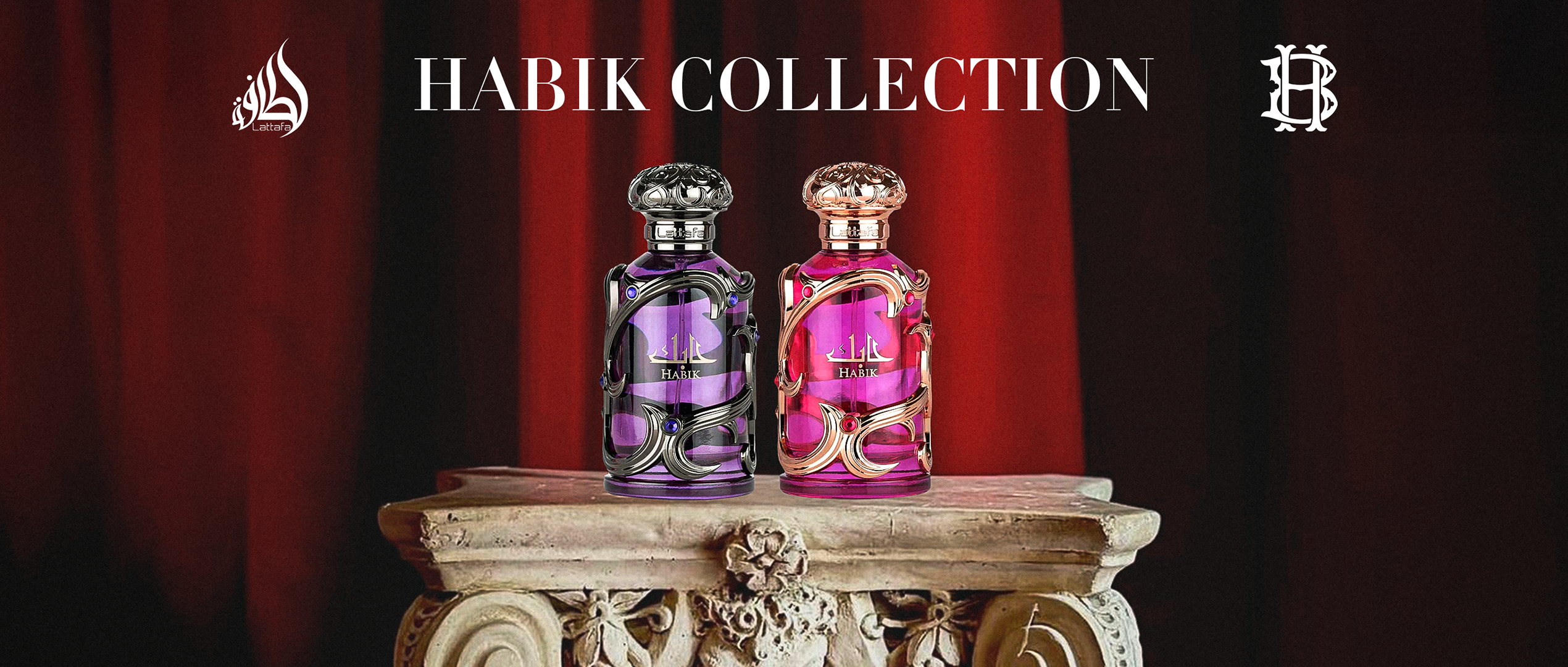 Habik perfume collection with ornate purple bottles on stone pedestal.
