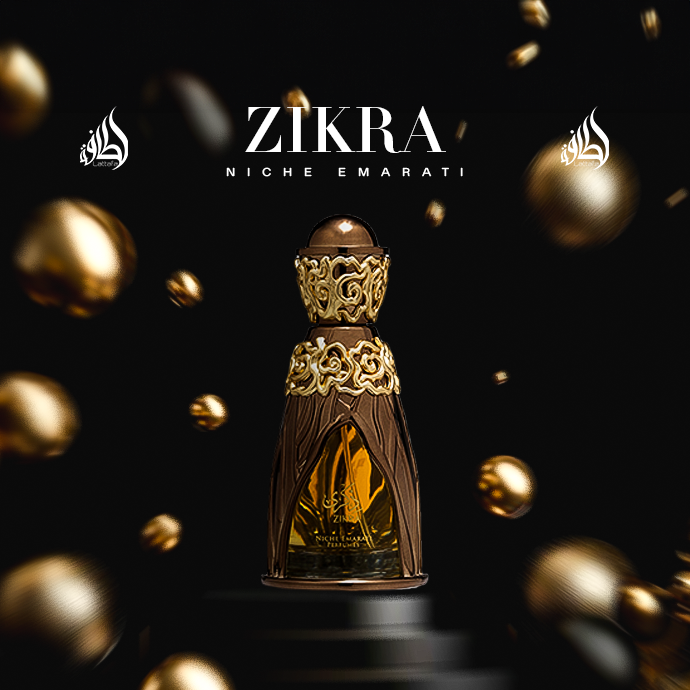 A golden-brown ornate perfume bottle labeled “Zikra” stands against a dark background with floating golden spheres, exuding a rich, luxurious aura.