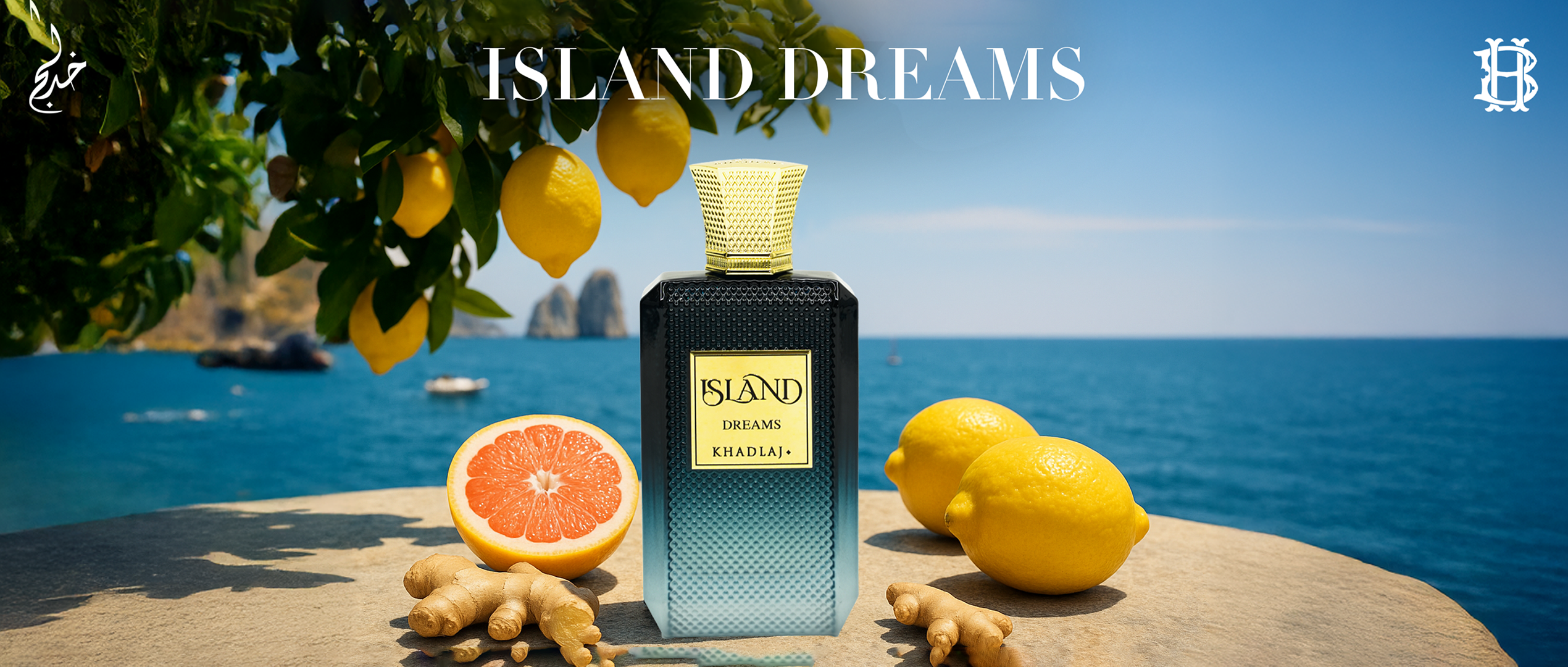 Khadlaj Island Dreams fragrance on a seaside background with citrus and ginger.
