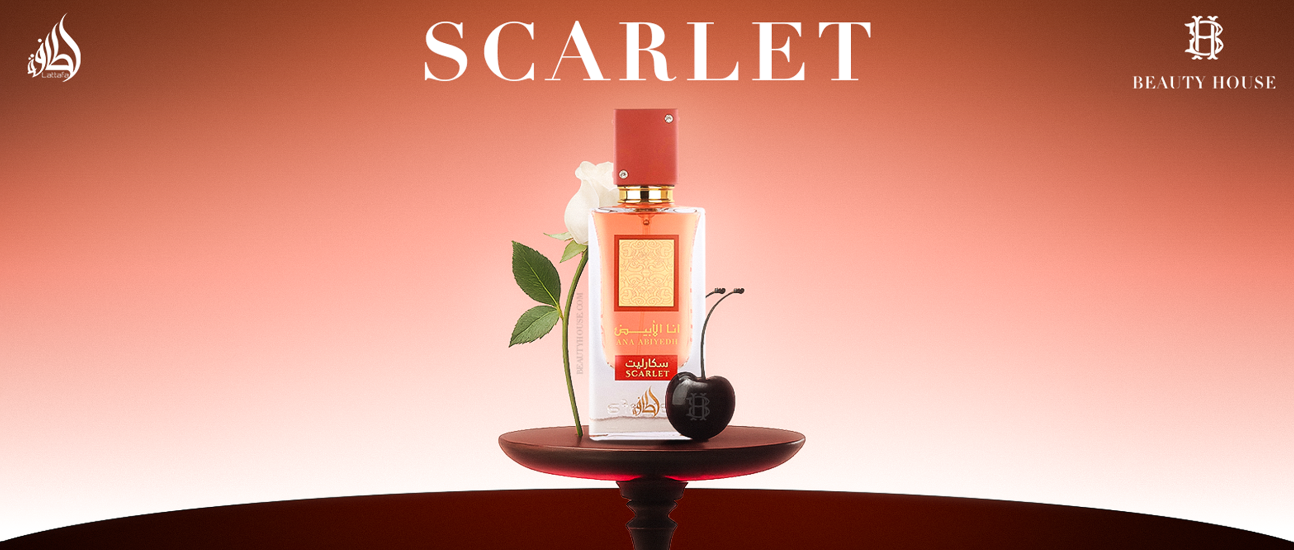 Lattafa Scarlet perfume bottle with cherry and white rose on red gradient background.