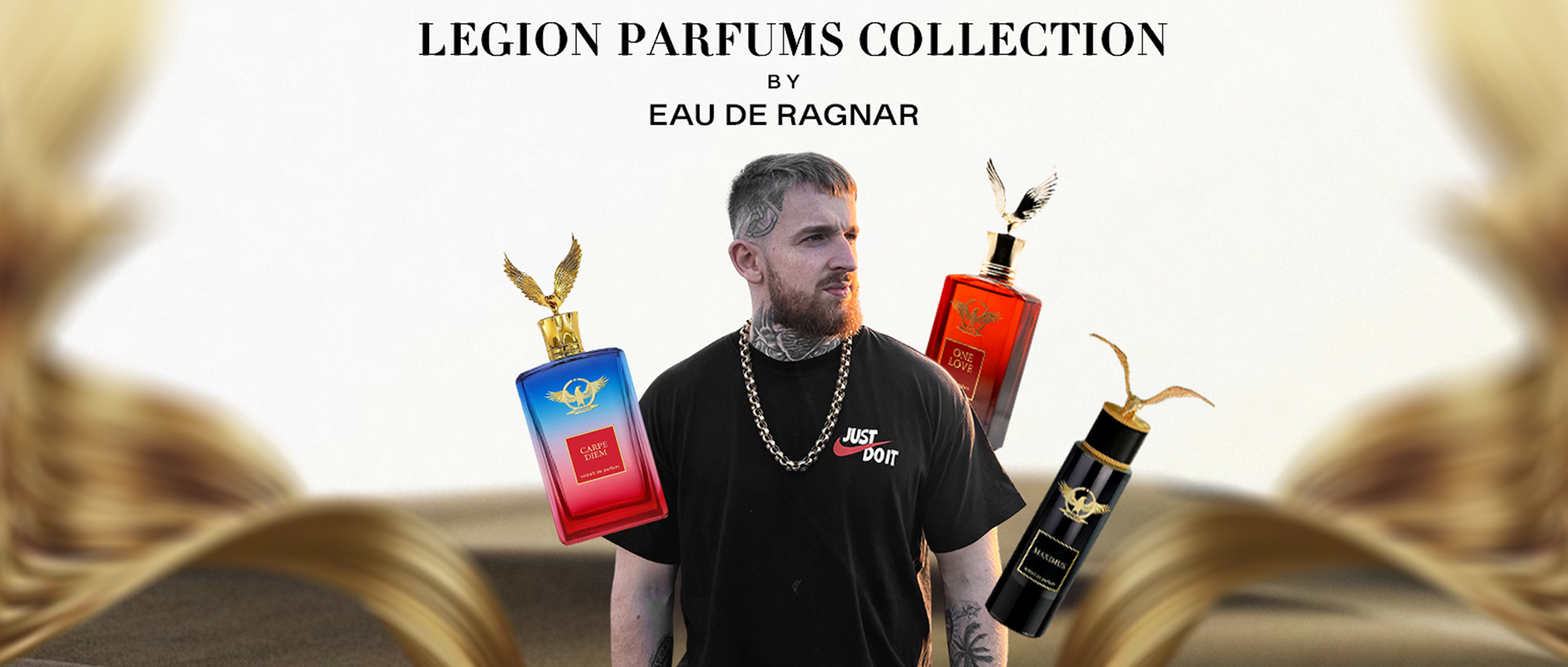 Legion Parfums Collection by Eau de Ragnar with three bottles and a man in black shirt.”