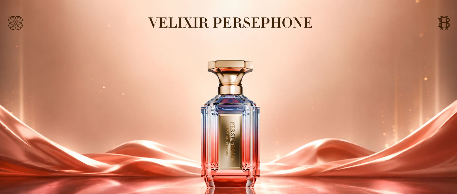 Velixir Persephone luxury fragrance banner featuring elegant crystal perfume bottle with soft rose-gold waves and glowing backdrop.