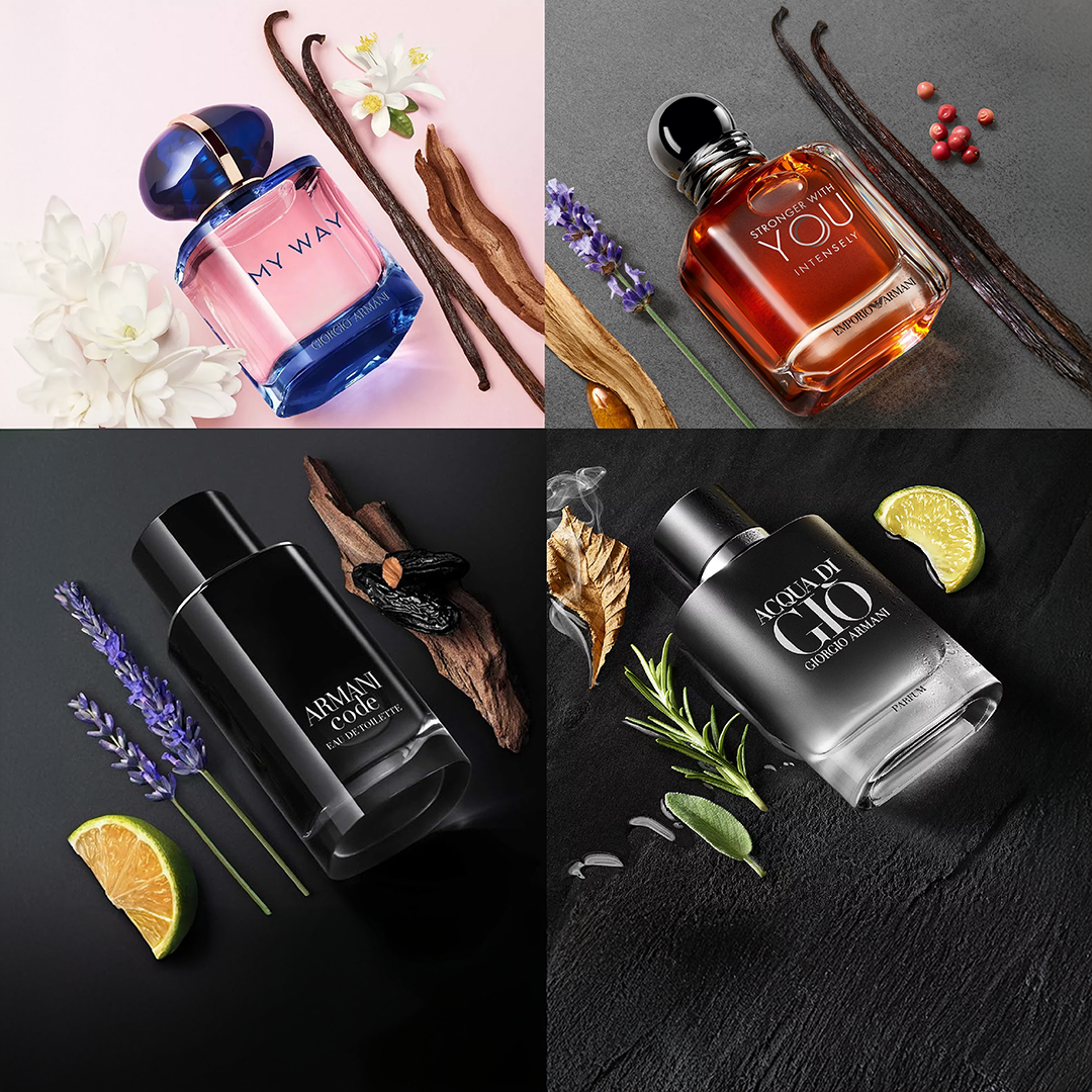 A collage of four Armani fragrances — My Way, Stronger With You, Armani Code, and Acqua di Giò — each bottle surrounded by natural ingredients like flowers, citrus, herbs, and wood on elegant textured backgrounds.