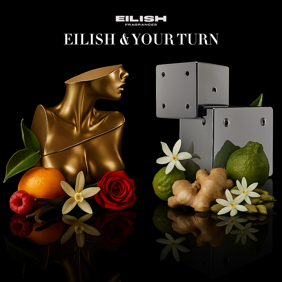 Eilish Fragrances – Eilish & Your Turn perfume bottles with artistic sculptural design, surrounded by notes of vanilla, rose, citrus, ginger, and cardamom on a black luxury backdrop.