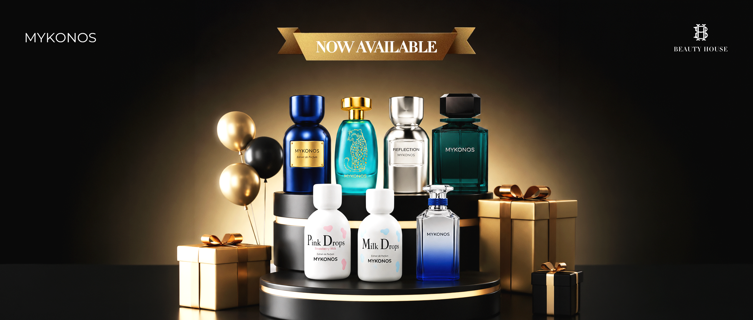 Mykonos fragrance collection launch banner featuring luxury perfume bottles, gift boxes, and balloons with “Now Available” announcement.
