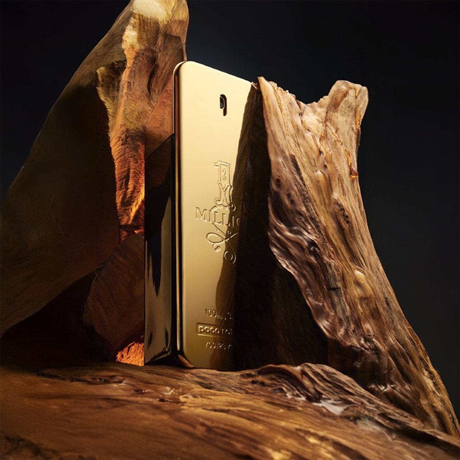 Paco Rabanne 1 Million Eau de Toilette in iconic gold bar bottle, displayed between rugged wood textures with a dark background.