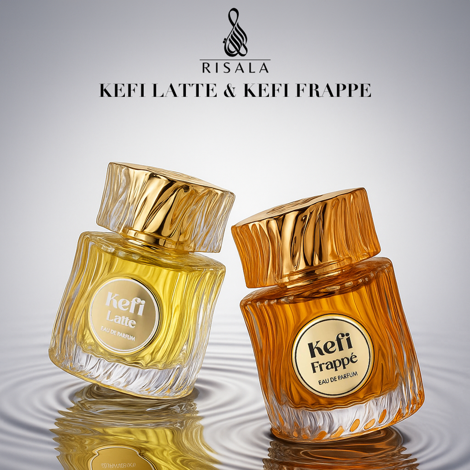 Risala Kefi Latte and Kefi Frappé Eau de Parfum – luxury fragrance duo in elegant gold bottles, displayed on reflective water surface.