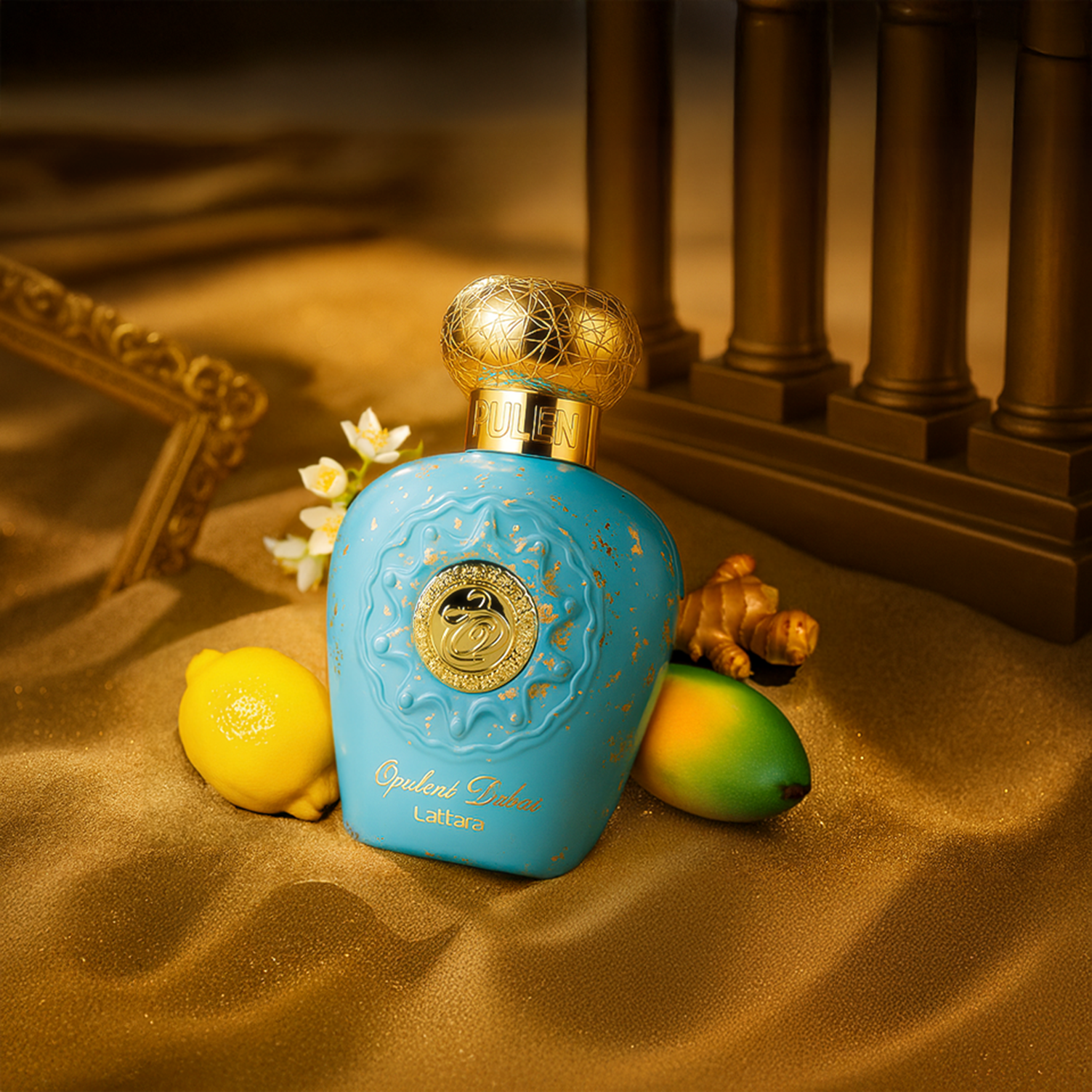 Lattafa Opulent Dubai perfume bottle in turquoise blue with gold details, placed on golden sand with lemons, mango, ginger, and white flowers.