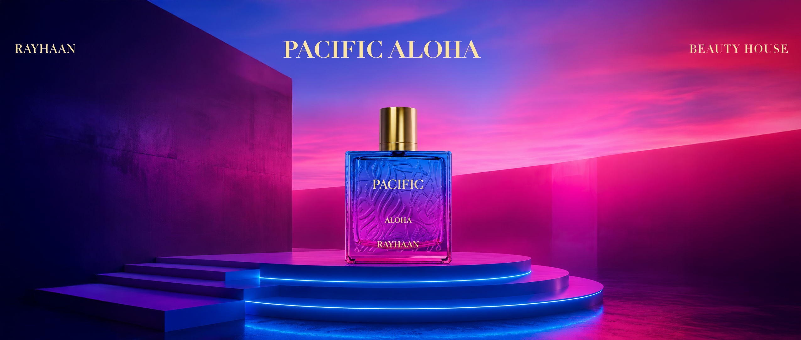 Rayhaan Pacific Aloha fragrance banner featuring a vibrant blue-and-pink perfume bottle on a glowing platform against a tropical sunset-inspired backdrop.