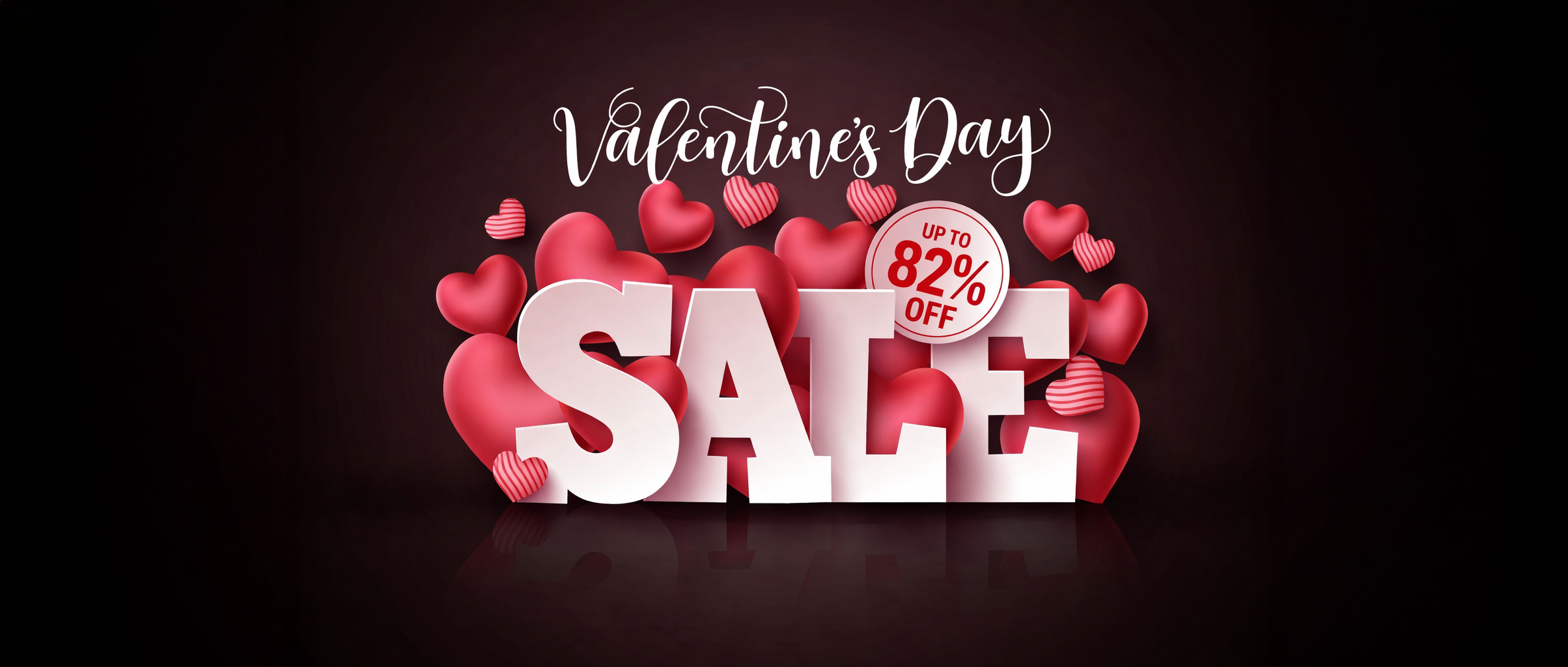 Valentine's Day sale banner with large white 'SALE' text surrounded by red and striped heart shapes. The banner features the message 'UP TO 82% OFF' in a circular red label. The background is dark with a romantic and festive theme.