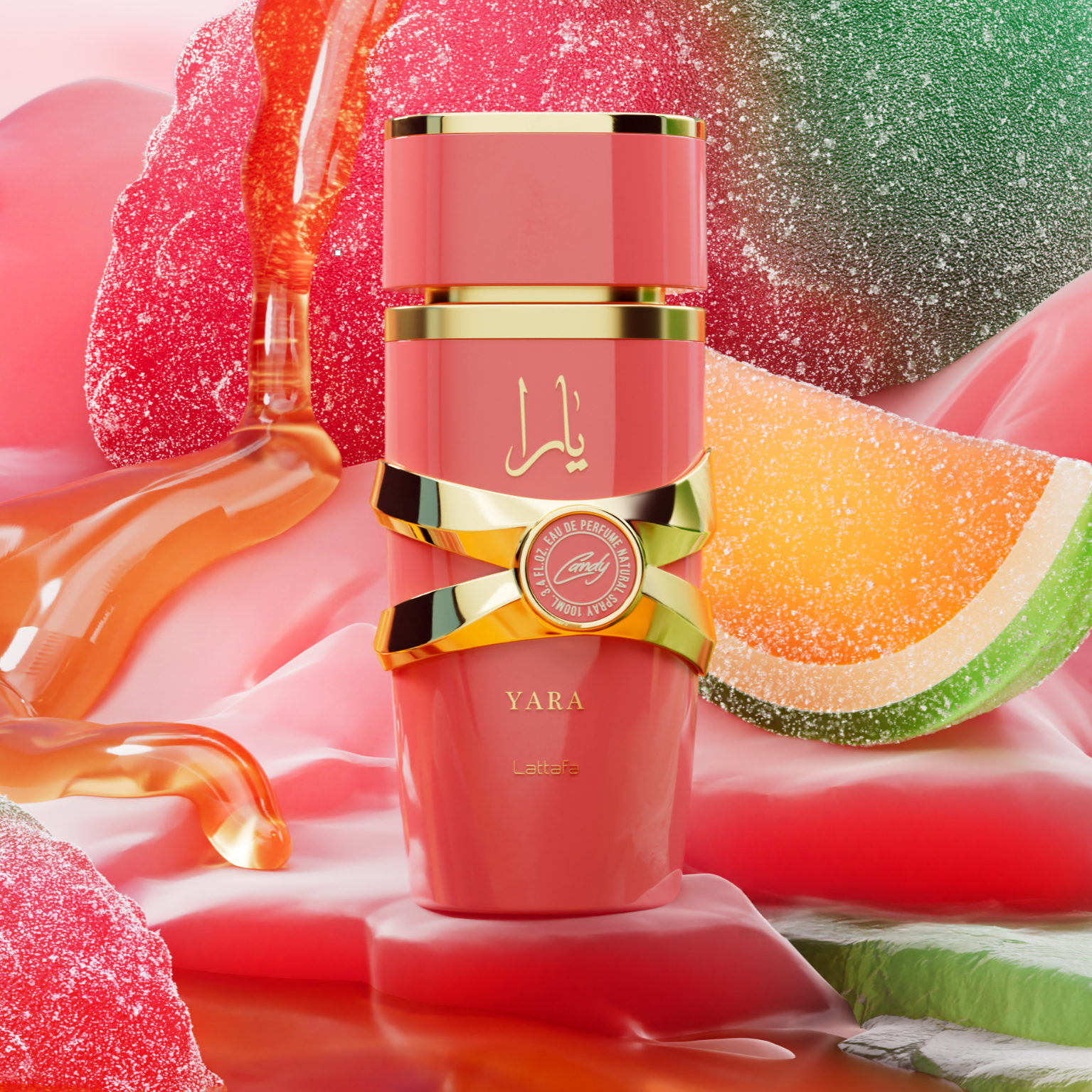 A pink and gold perfume bottle labeled “Yara Candy” by Lattafa stands among colorful gummy candies and syrup, creating a sweet and playful look.