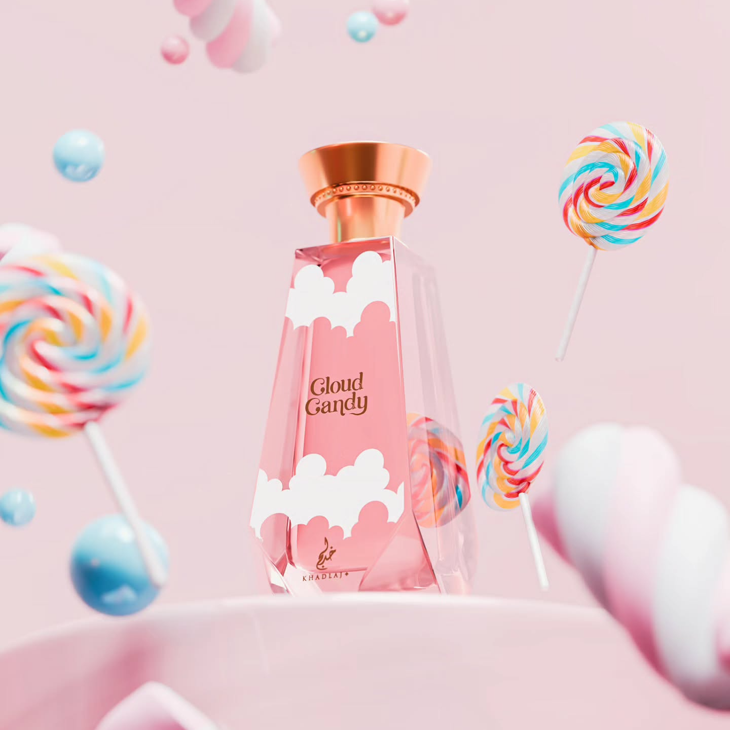 A pink perfume bottle labeled “Cloud Candy” stands among colorful lollipops and marshmallows on a soft pastel pink background.