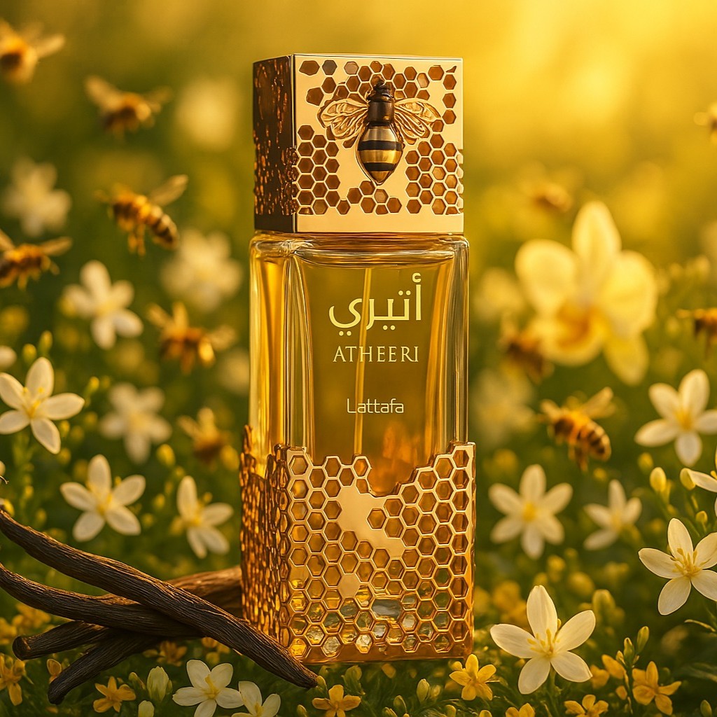 A golden perfume bottle labeled “Atheeri” by Lattafa, featuring a honeycomb design and bee emblem, surrounded by white flowers and bees in warm sunlight.
