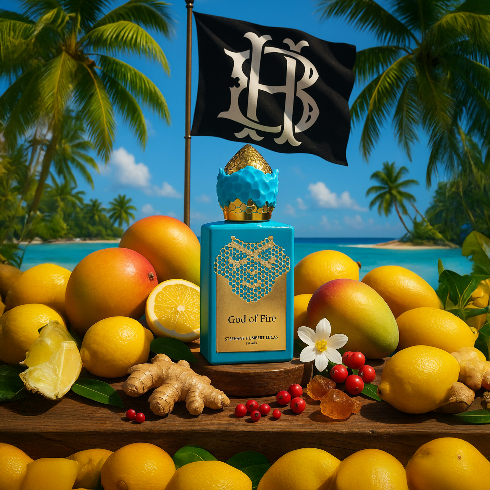 God of Fire perfume by Stéphane Humbert Lucas showcased with tropical fruits including mango, lemon, ginger, and exotic berries, set on a vibrant island paradise with palm trees and luxury branding flag.