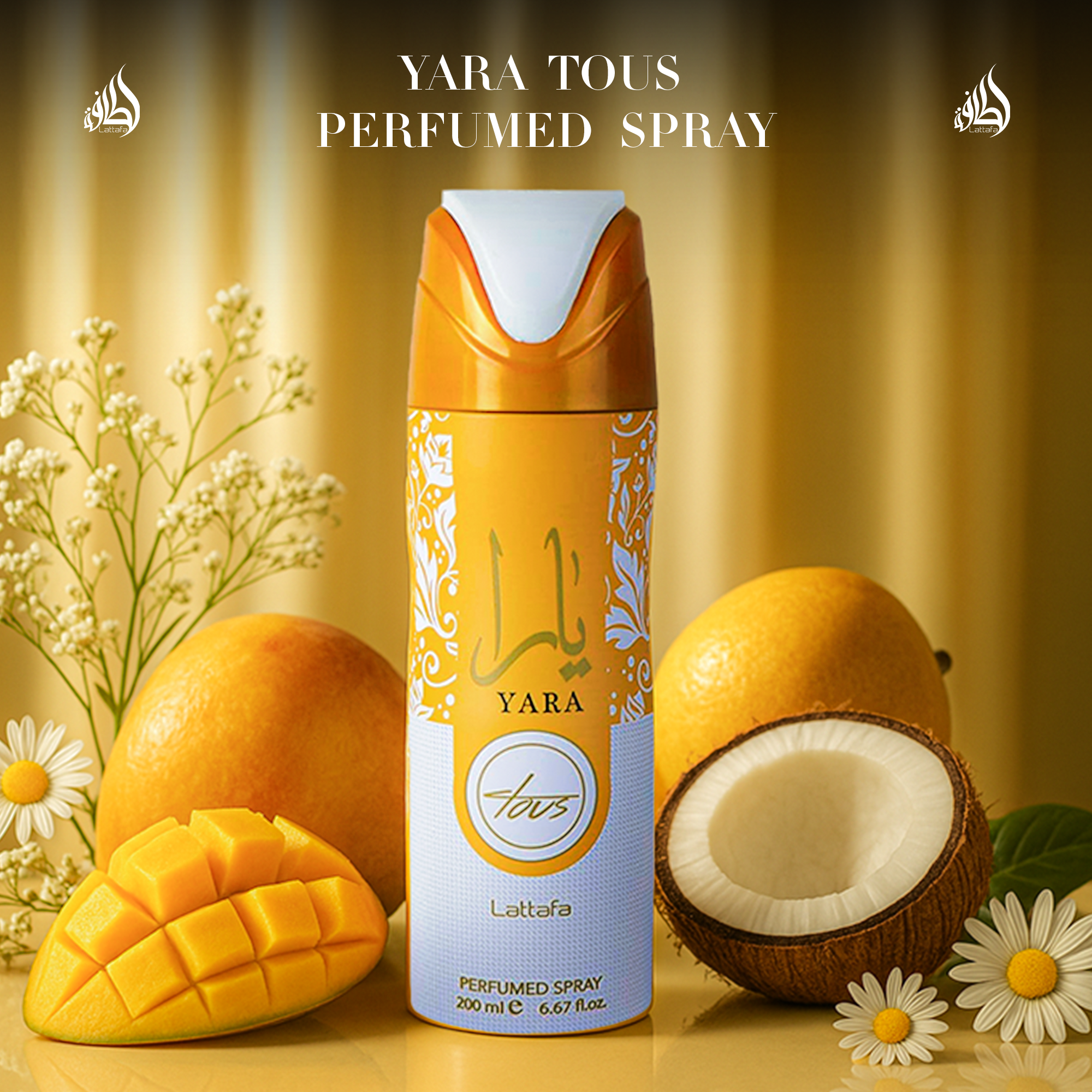 A golden Yara Tous perfumed spray bottle is surrounded by mango, coconut, and white flowers on a warm yellow background, giving a tropical and fresh feel. You can find all lattafa Body spays Collection here