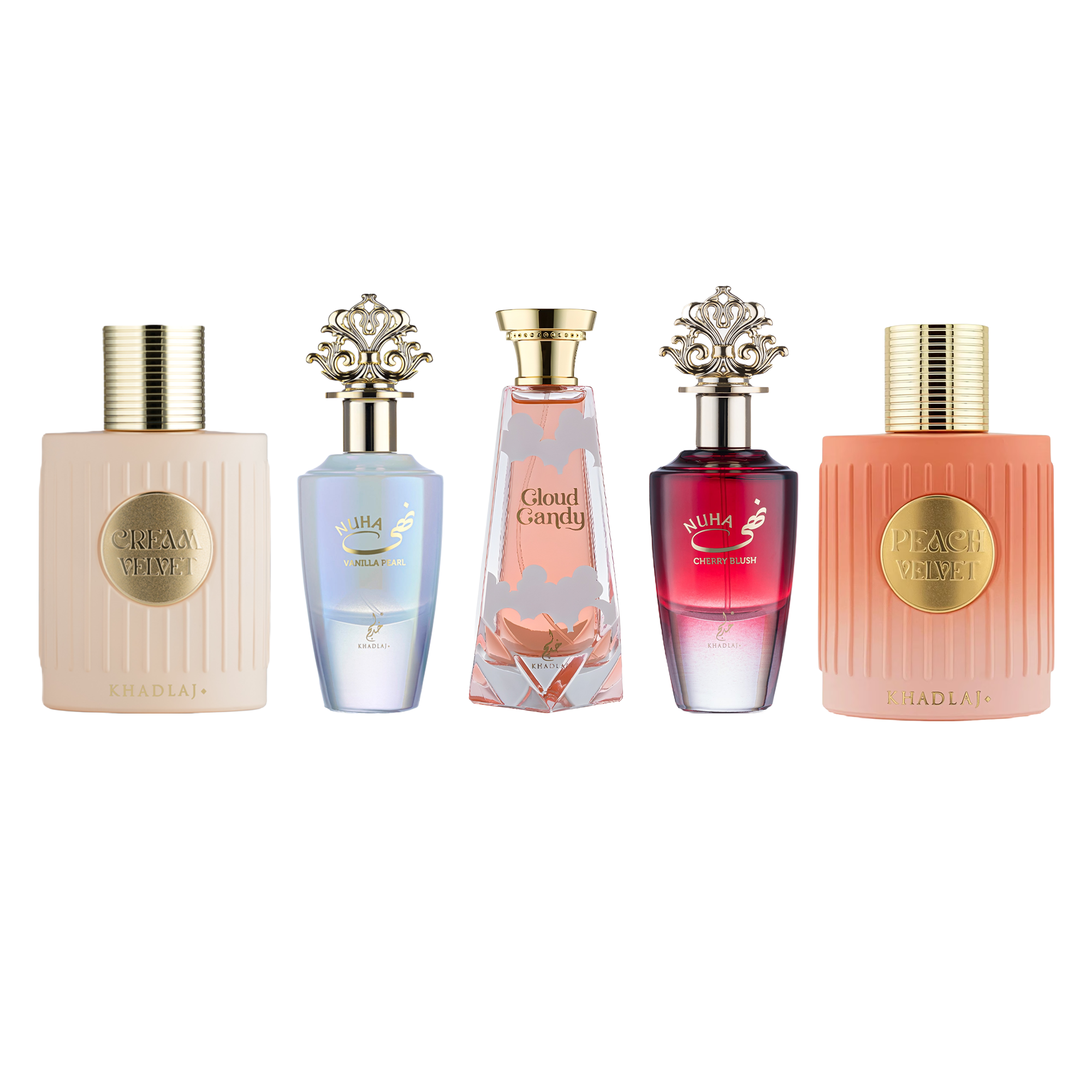 Khadlaj Ultimate 5 PC Cream Velvet, Cloud Candy, Nuha Vanilla Pearl, Nuha Cherry Blush & Peach Velvet Fragrance Bundle