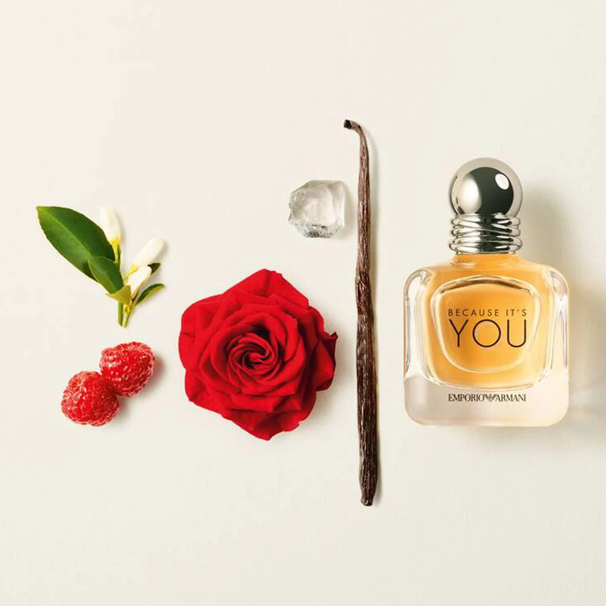 A bottle of Emporio Armani Because It’s You perfume beside a red rose, raspberries, a vanilla bean, and green leaves — evoking a sweet, romantic scent.