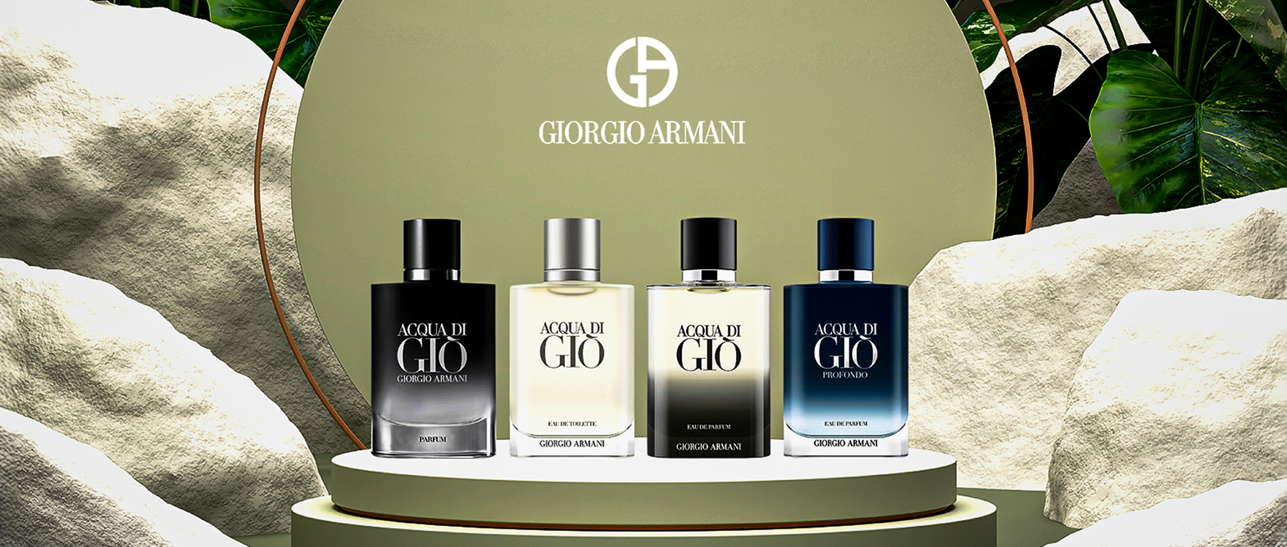 Giorgio Armani Acqua di Giò fragrance collection – Parfum, Eau de Toilette, Eau de Parfum, and Profondo displayed on stone podium with luxury natural background.