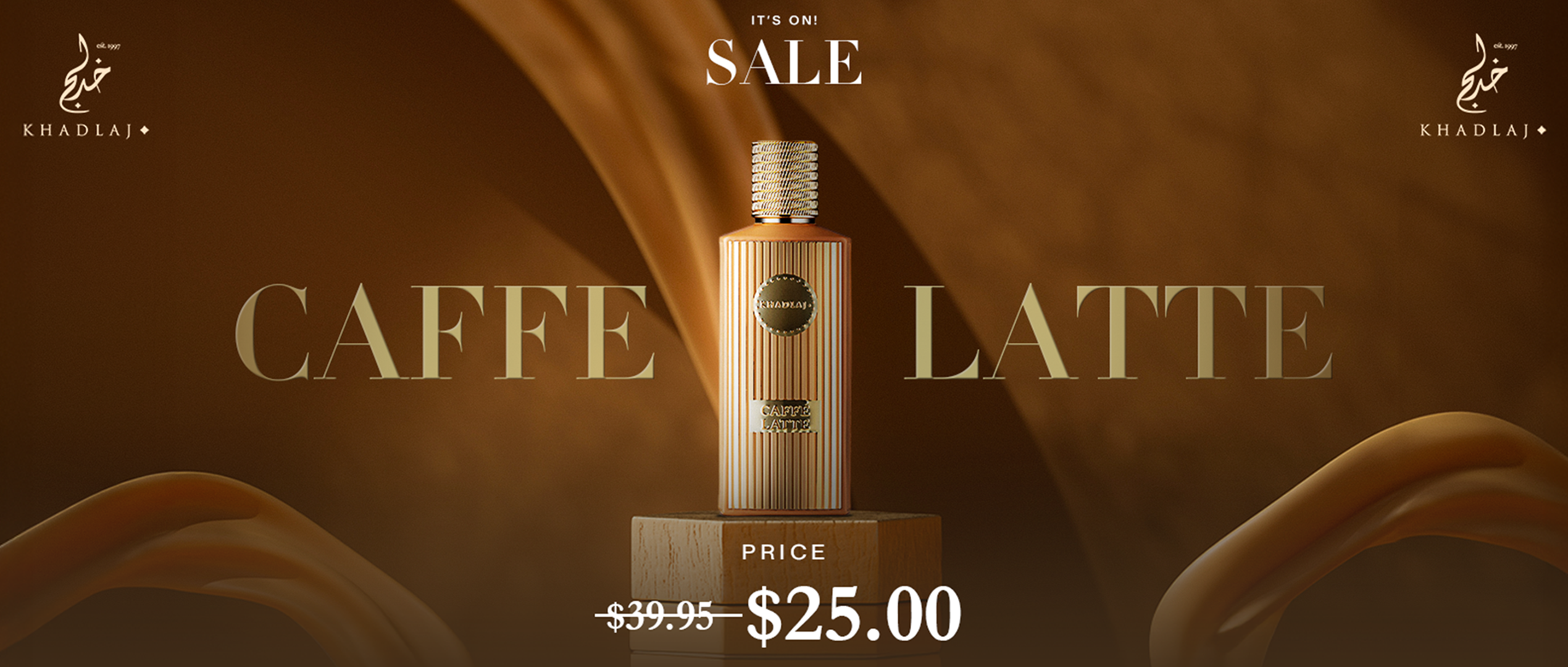 Khadlaj Caffe Latte perfume bottle on brown background, sale price $25.