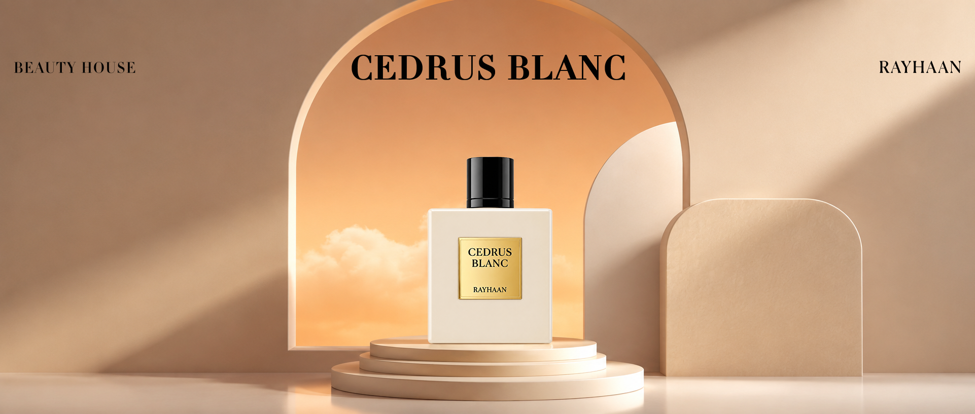 Rayhaan Cedrus Blanc fragrance banner featuring a minimalist white perfume bottle on a modern pedestal with a warm golden sky backdrop.