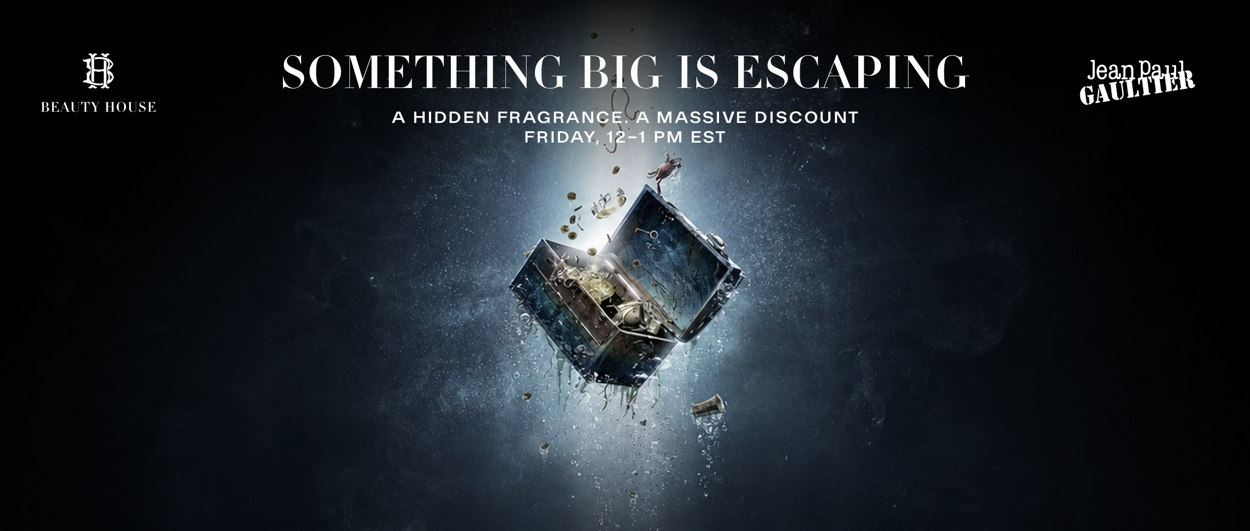 Jean Paul Gaultier mystery fragrance sale banner with floating treasure chest and hidden discount teaser for Friday flash event.