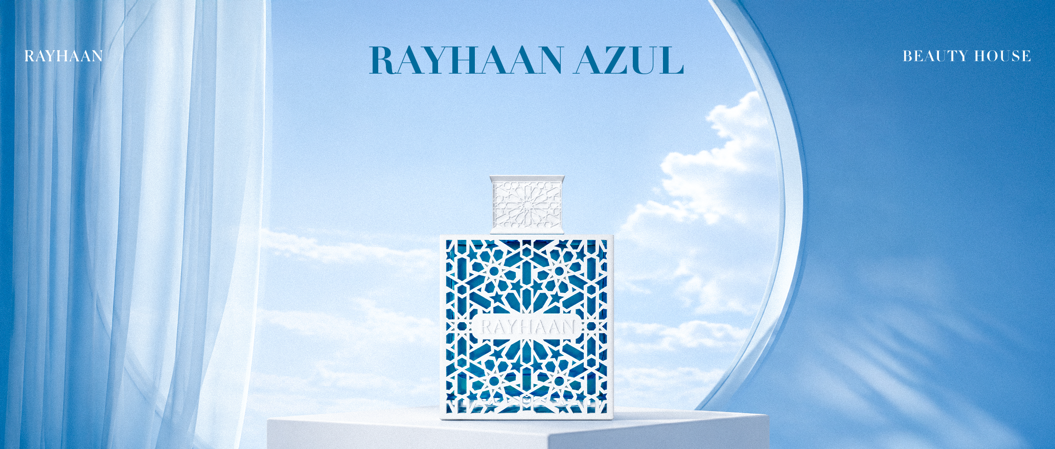 Rayhaan Azul fragrance banner featuring an ornate white-and-blue perfume bottle against a bright sky backdrop with elegant architectural accents.