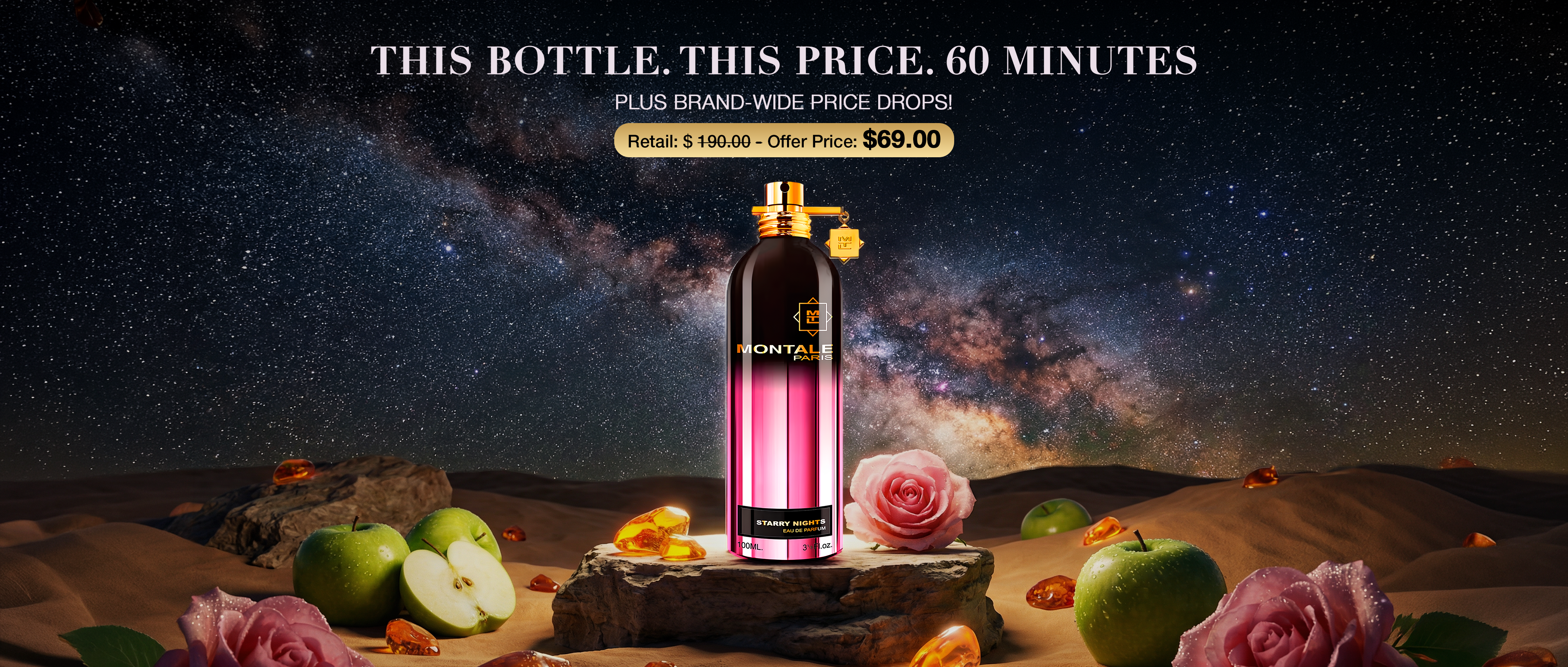 Montale Mystery Hour banner featuring a luxurious blue gift box with gold accents against a starry night sky background. Text announces ‘Montale Mystery Hour – Massive Brand-Wide Discounts, Friday 12PM–1PM EST – One Secret Fragrance Will Be Revealed.