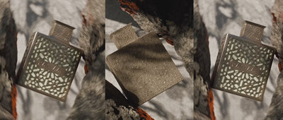 A warm-toned video showing a Rayhaan perfume bottle named ‘Terra.’ The bottle stands on textured sand under golden light as the Rayhaan logo appears, creating an elegant, earthy atmosphere